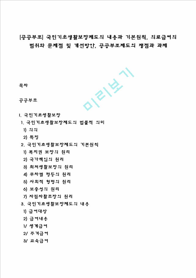 [공공부조] 국민기초생활보장제도의 내용과 기본원칙, 의료급여의 범위와 문제점 및 개선방안, 공공부조제도의 쟁점과 과제.hwp